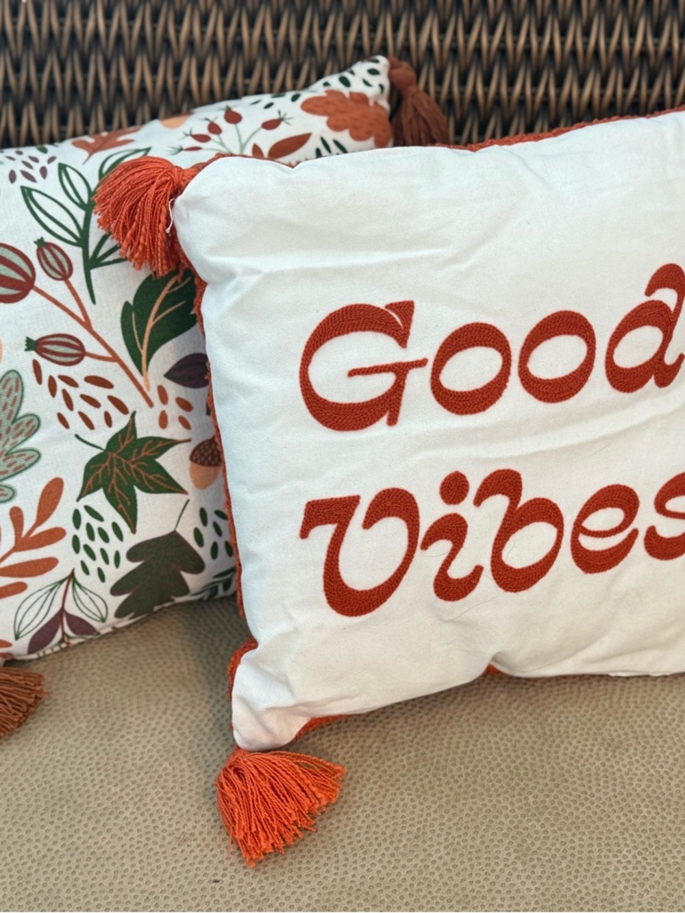 Target Cream Throw Pillow with Rust Orange 'Good Vibes' and Tassels